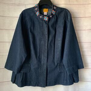 Ruby Rd Denim Jean Jacket Zip Up Beaded Neckline Peplum 3/4 Sleeves Size 20W